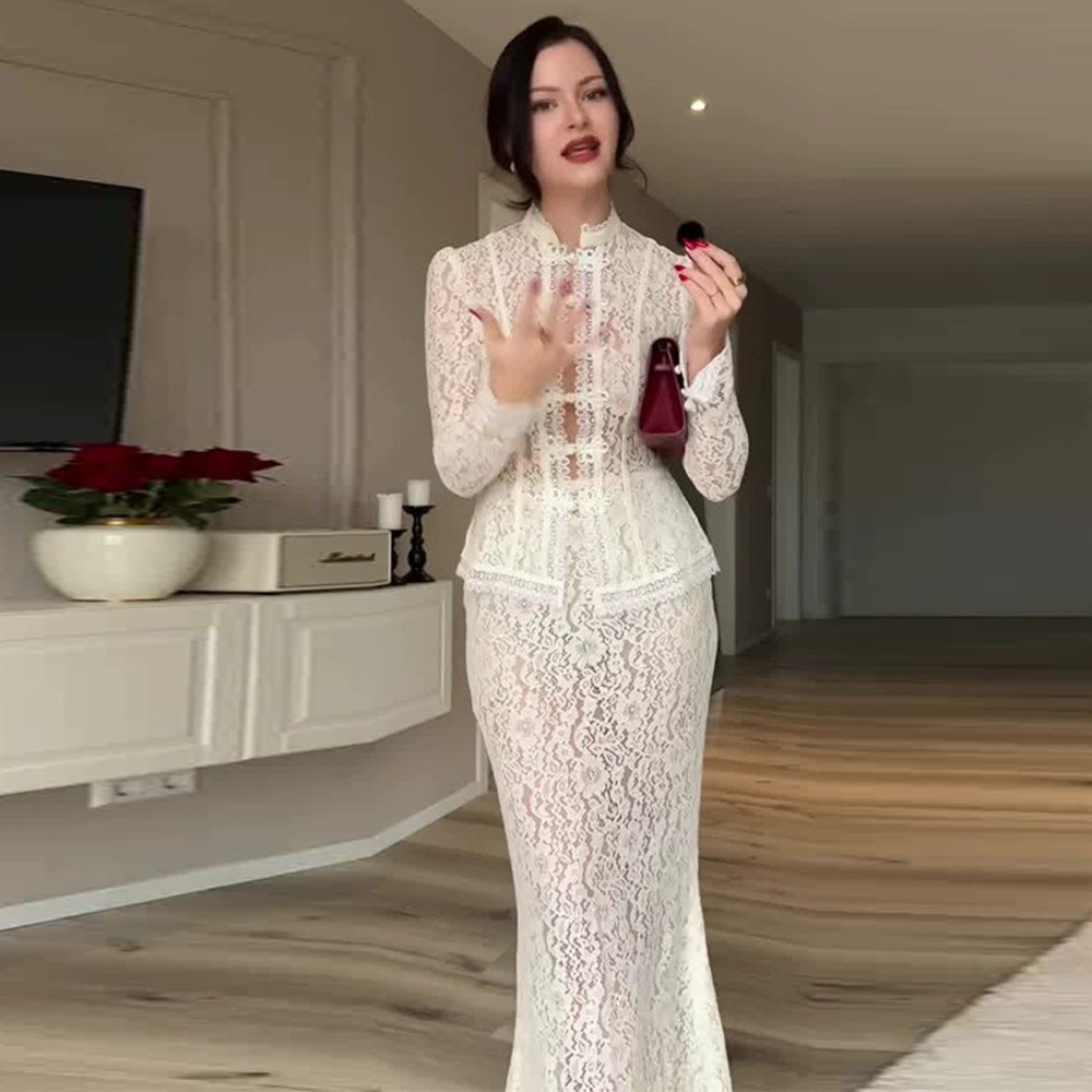 Forever 21 White French Lace Long-Sleeve Bodycon Skirt Set